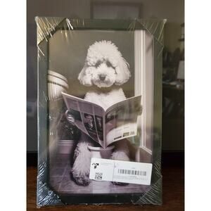 Black & White Poodle on Toilet w/ Newspaper Artwork Aesthetic Home Decor Framed